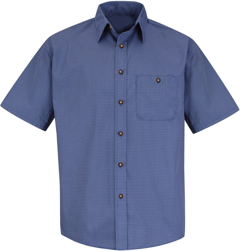 Front View of Grey/ Blue Plaid Mini-Plaid Uniform Short Sleeve Shirt - SP84