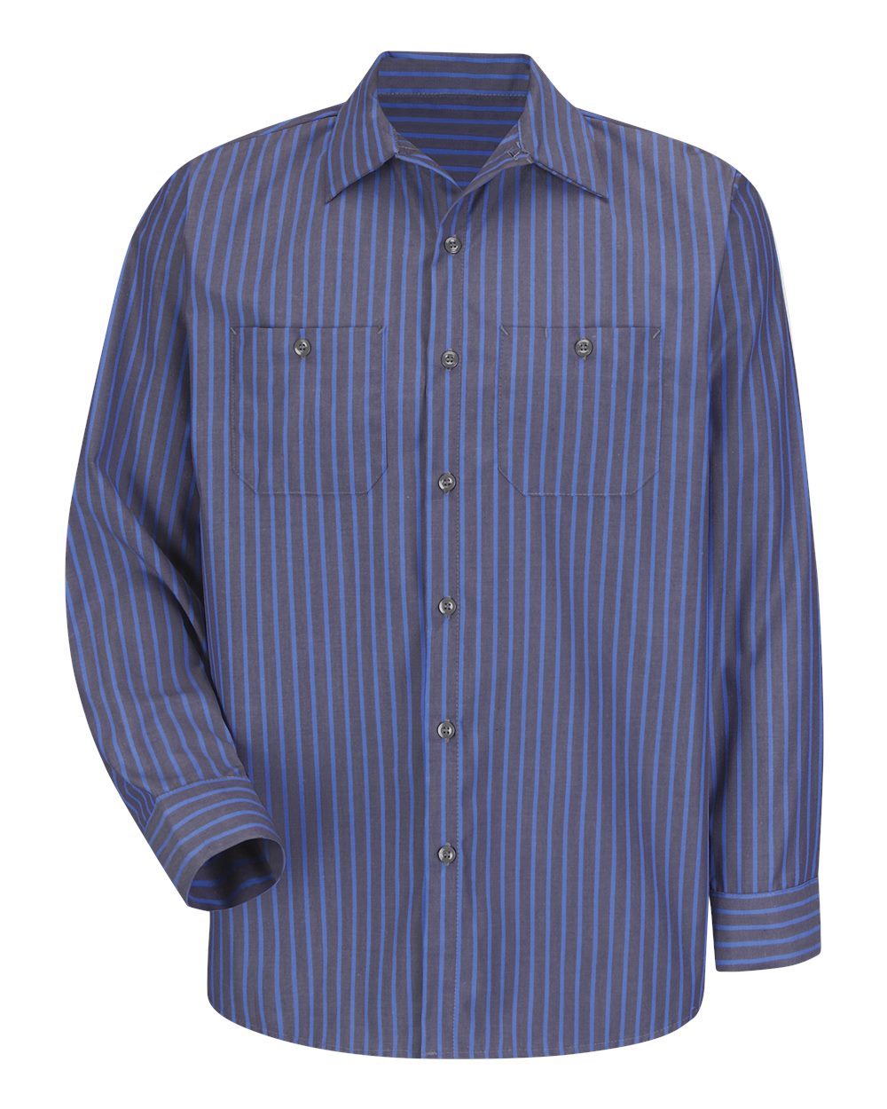 Front View of Grey/ Blue Stripe Industrial Long Sleeve Work Shirt - SP14