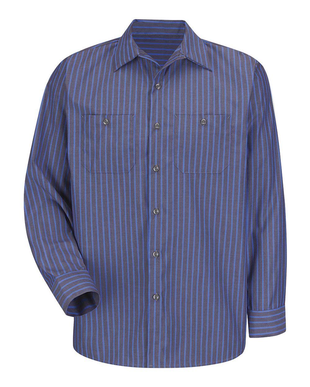 Front View of Grey/ Blue Stripe Industrial Long Sleeve Work Shirt - Tall Sizes - SP14T