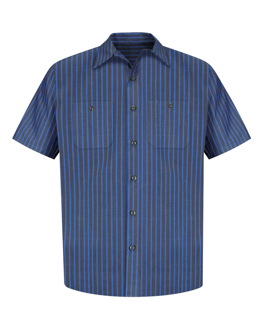 Front View of Grey/ Blue Stripe Industrial Short Sleeve Work Shirt - SP24