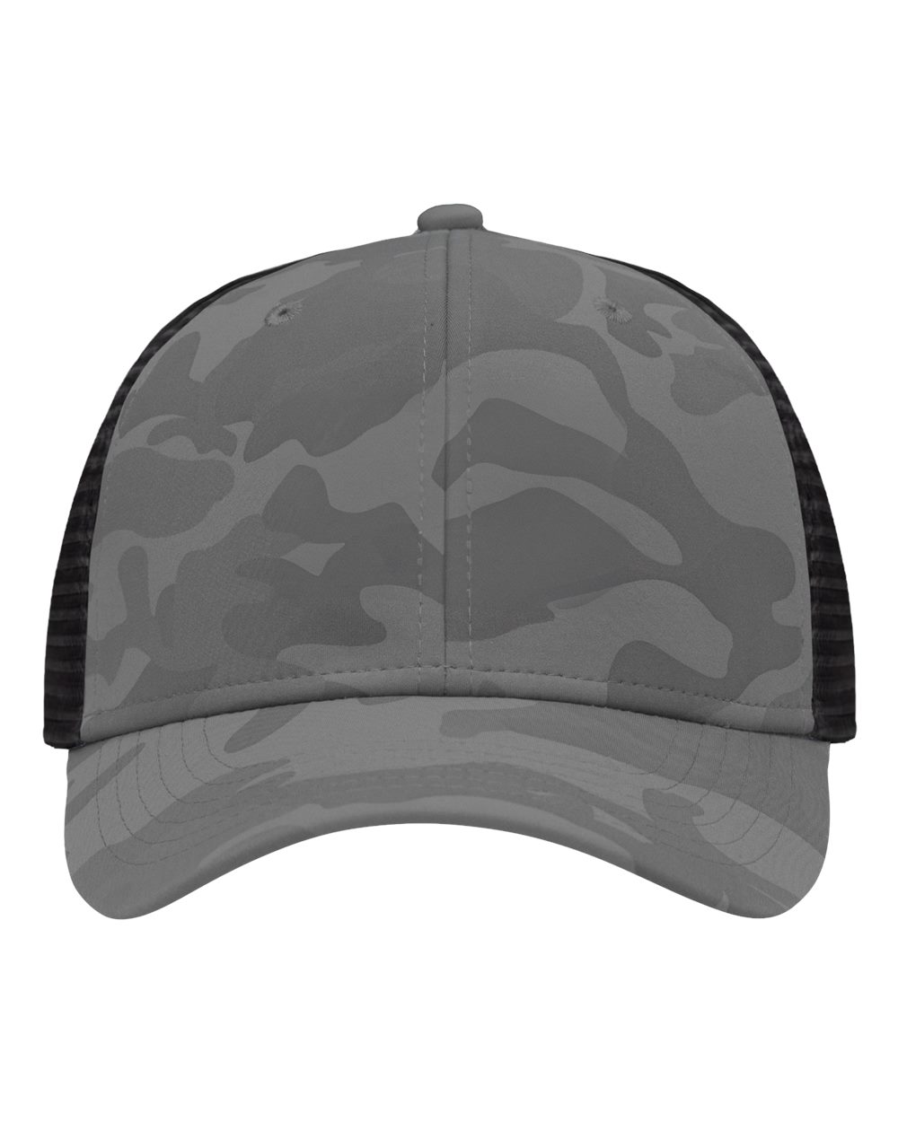 Front View of Grey Camo/ Black Traditional Lo-Pro Mesh Back Trucker Fit Cap - SP1450