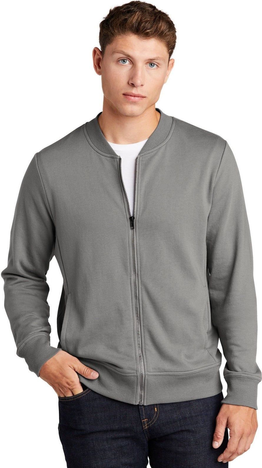 Front View of Grey Concrete Sport-Tek Lightweight French Terry Bomber. ST274