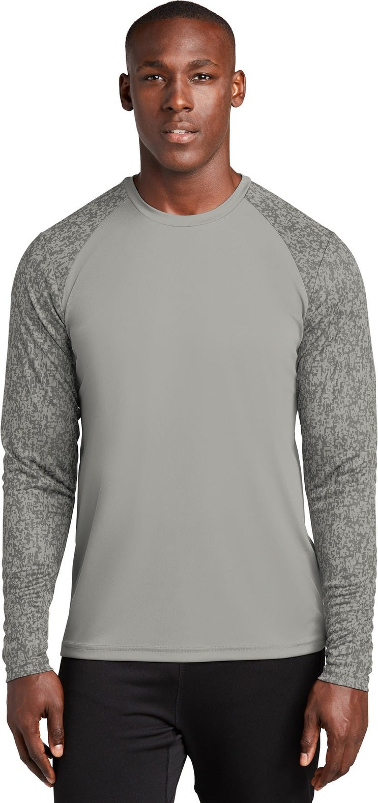 Front View of Grey Concrete Sport-Tek Long Sleeve Digi Camo Tee. ST460LS