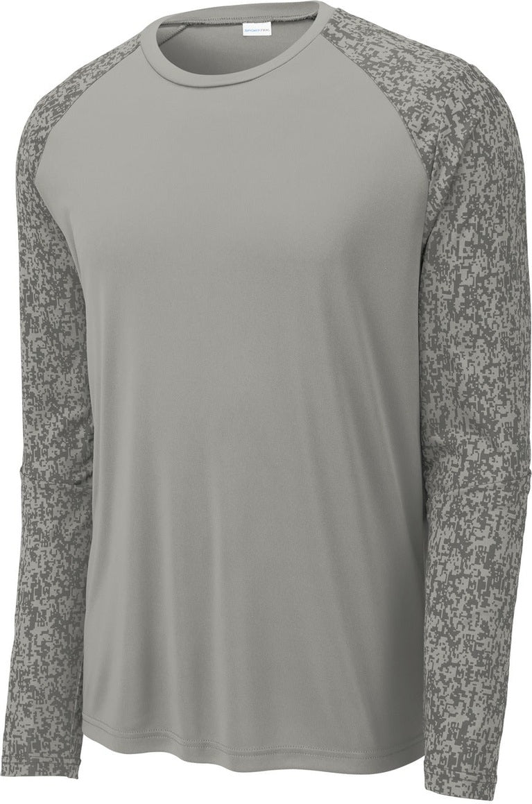 Front View of Grey Concrete Sport-Tek Long Sleeve Digi Camo Tee. ST460LS