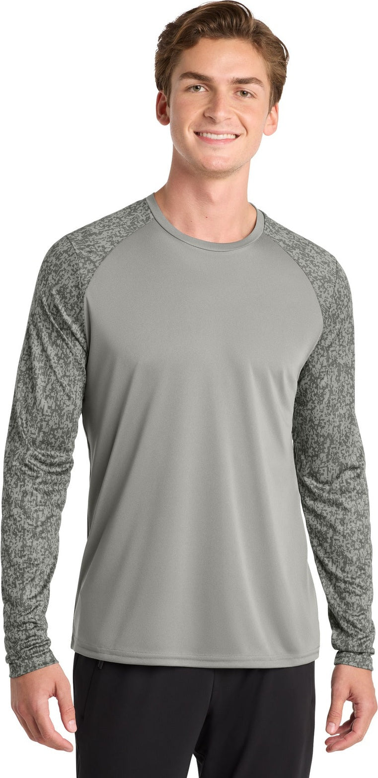 Front View of Grey Concrete Sport-Tek Long Sleeve Digi Camo Tee. ST460LS