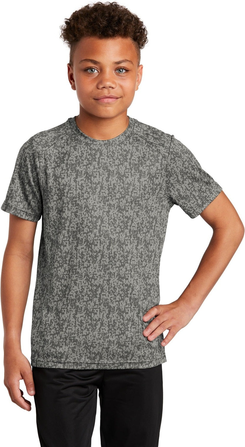 Front View of Grey Concrete Sport-Tek Youth Digi Camo Tee. YST460