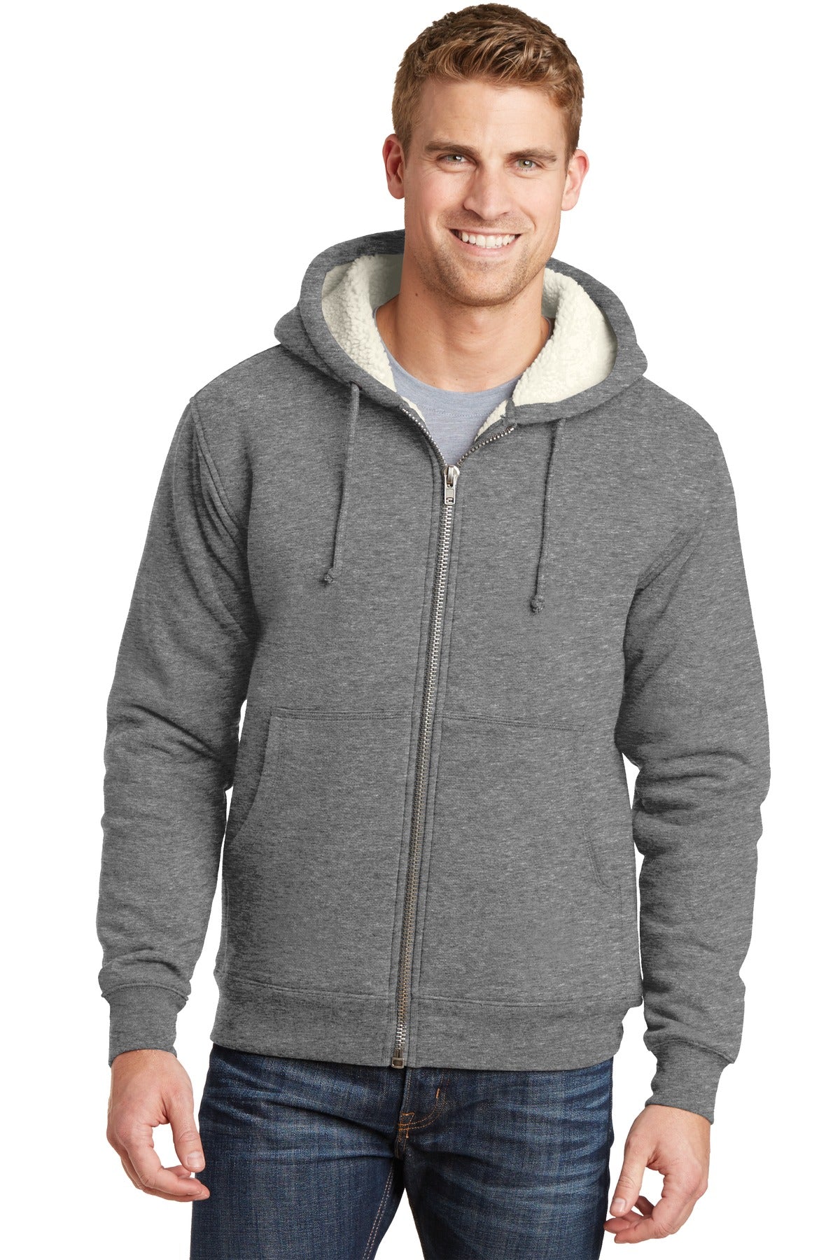 Front View of Grey CornerStone Heavyweight Sherpa-Lined Hooded Fleece Jacket. CS625