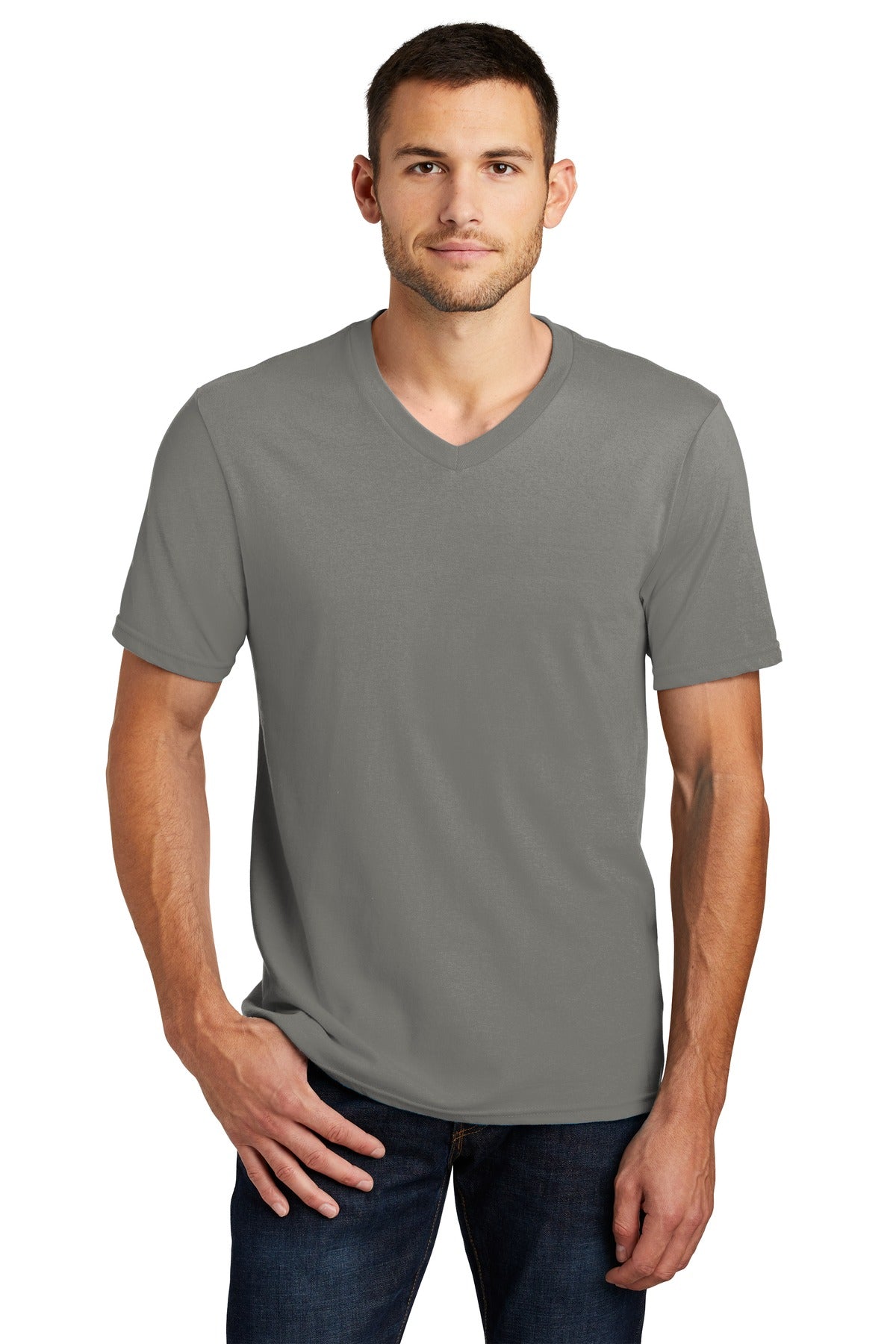 Front View of Grey District Very Important Tee V-Neck. DT6500