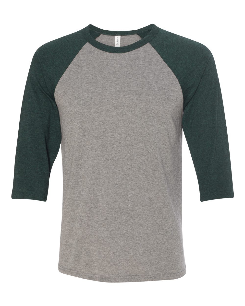 Front View of Grey/ Emerald Triblend Three-Quarter Sleeve Baseball Tee - 3200