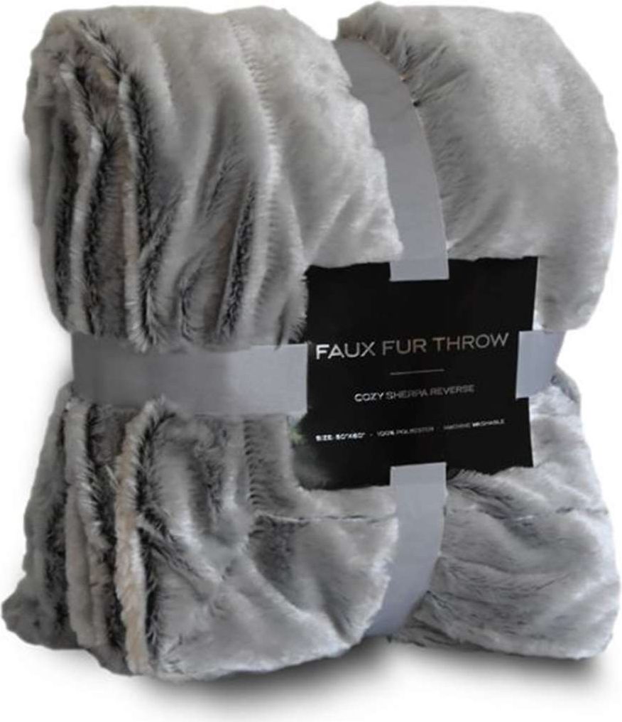 Front View of Grey Faux Fur Throw - 8730