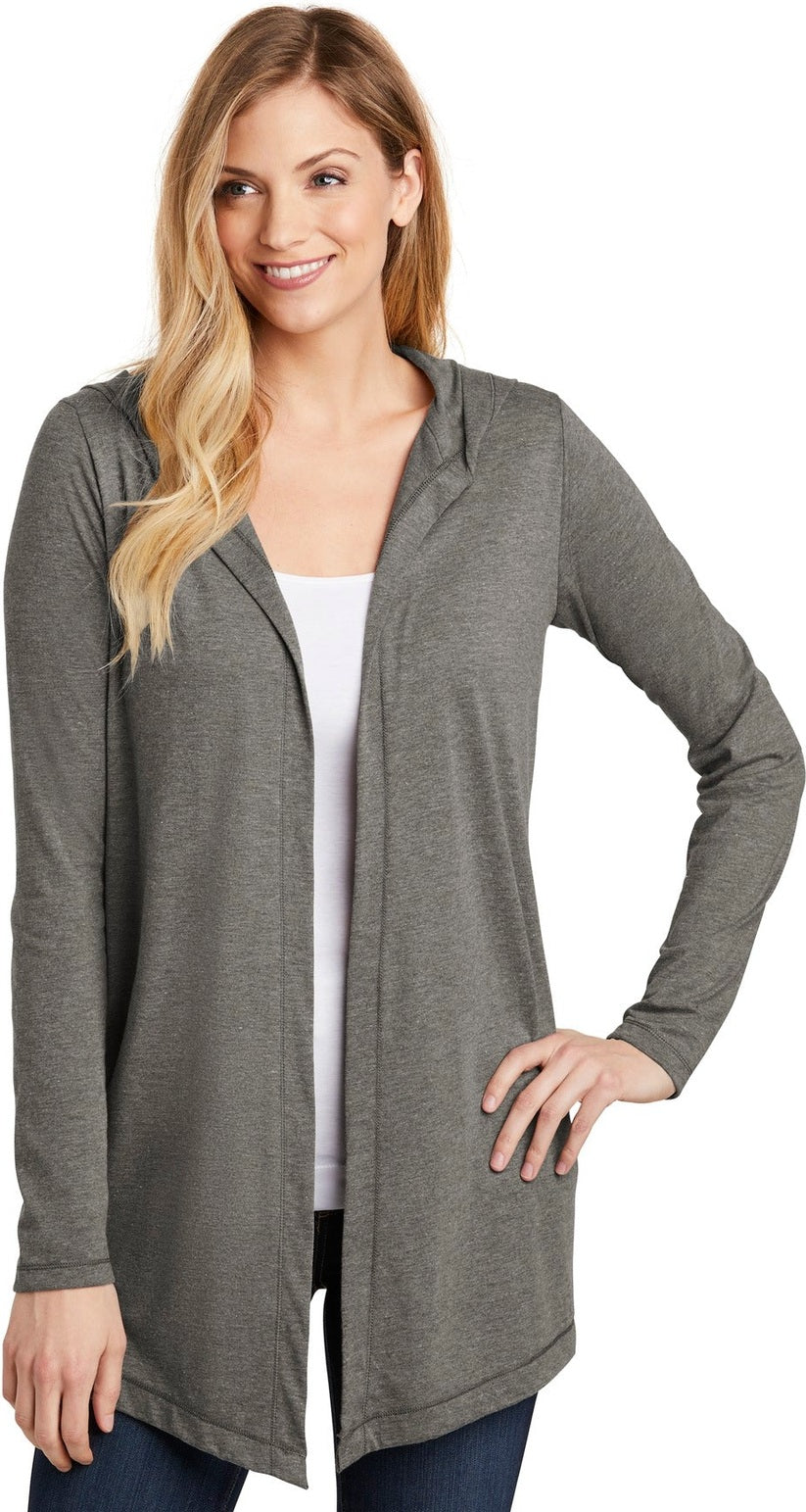 Front View of Grey Frost District Women's Perfect Tri Hooded Cardigan. DT156