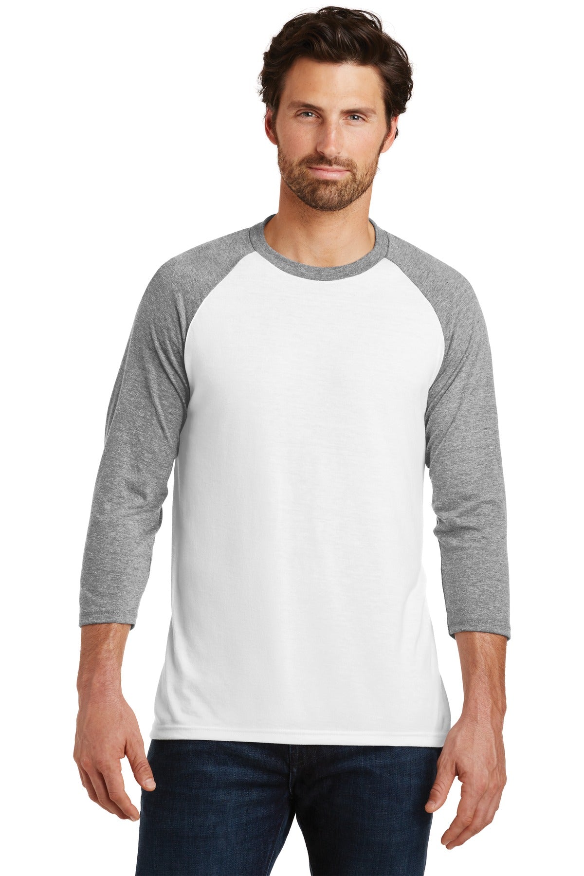 Front View of Grey Fr/White District Perfect Tri 3/4-Sleeve Raglan. DM136
