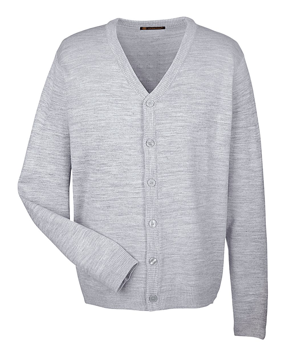 Front View of Grey Heather Men's Pilbloc™ V-Neck Button Cardigan Sweater - M425