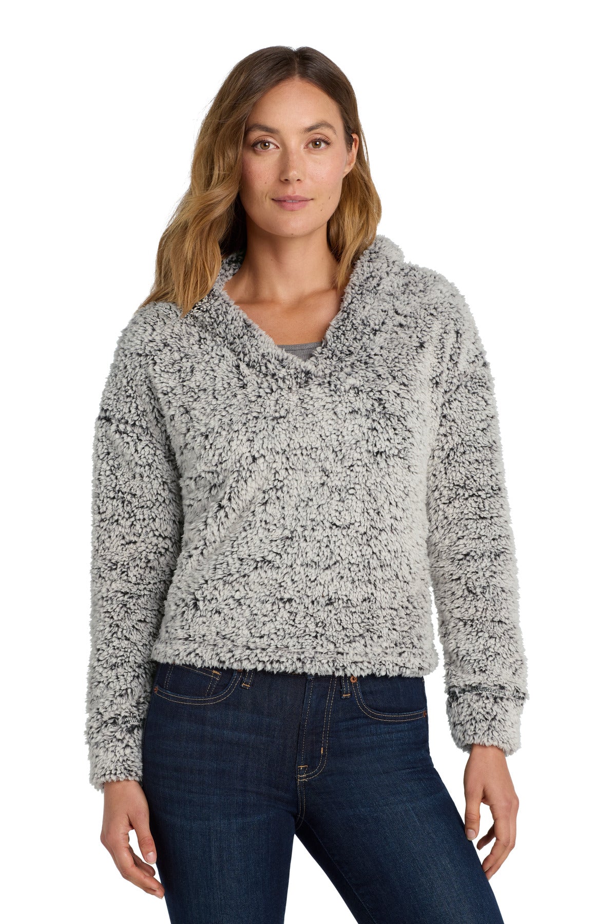 Front View of Grey Heather Port Authority Women's Cozy Fleece Hoodie. L132