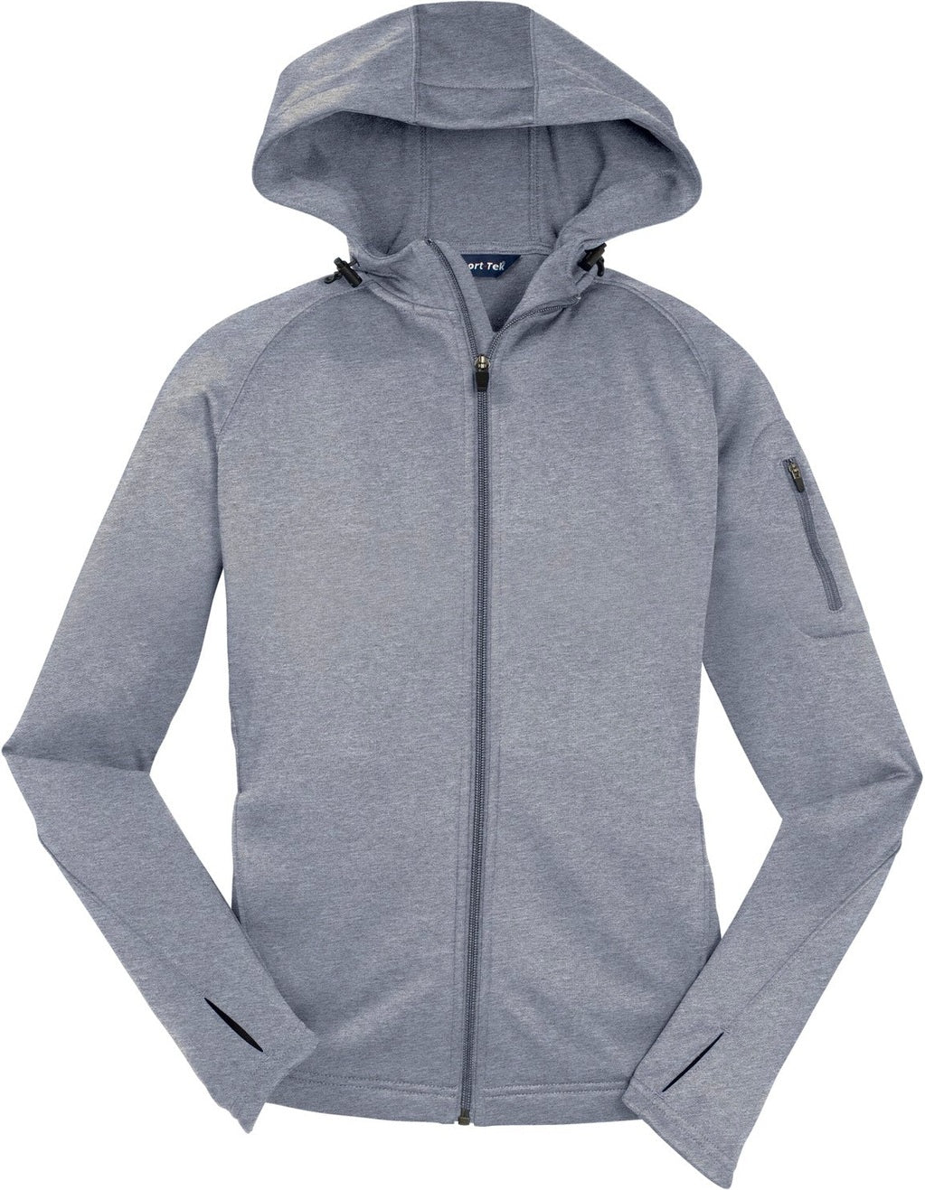 Front View of Grey Heather Sport-Tek Women's Tech Fleece Full-Zip Hooded Jacket. L248