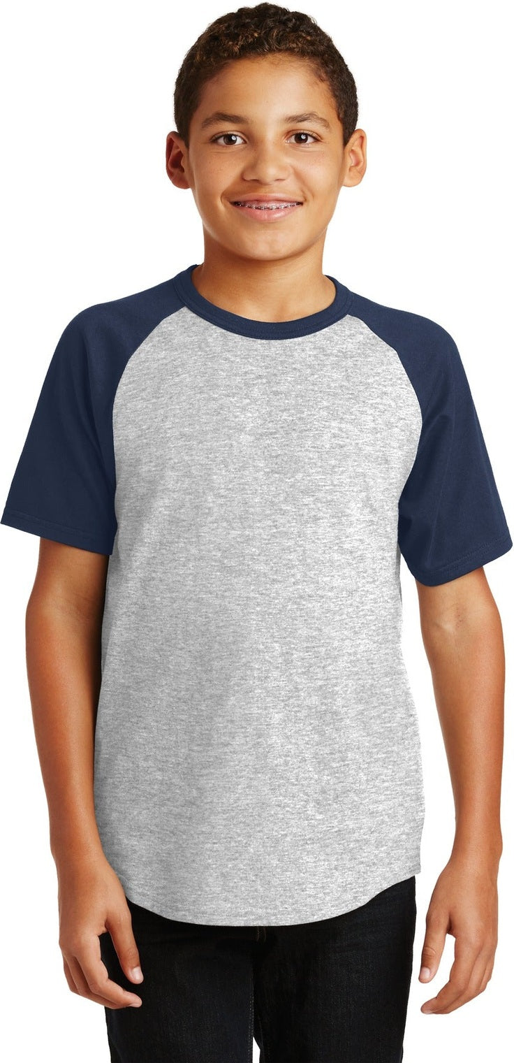 Front View of Grey He/Navy Sport-Tek Youth Short Sleeve Colorblock Raglan Jersey. YT201