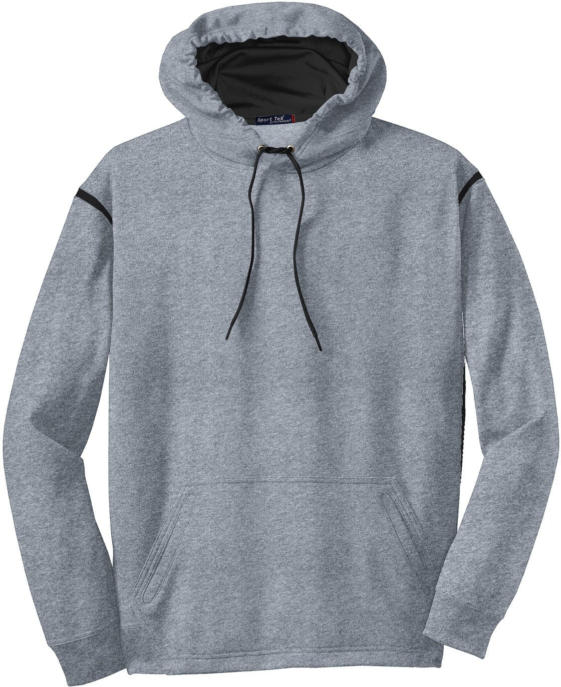 Front View of Grey Hthr/Blk Sport-Tek Tech Fleece Colorblock Hooded Sweatshirt. F246