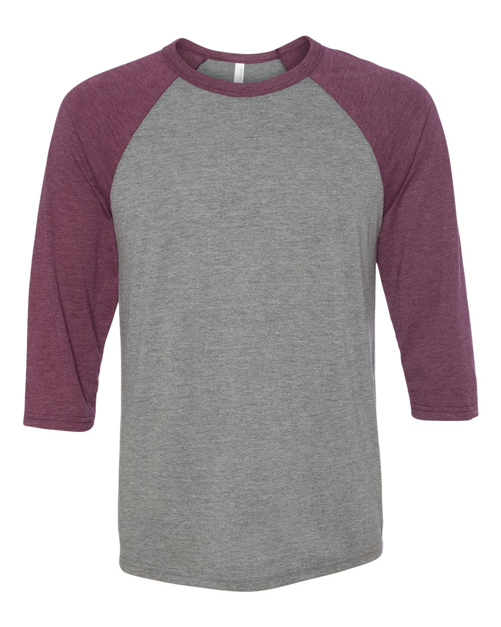 Front View of Grey/ Maroon Triblend Three-Quarter Sleeve Baseball Tee - 3200