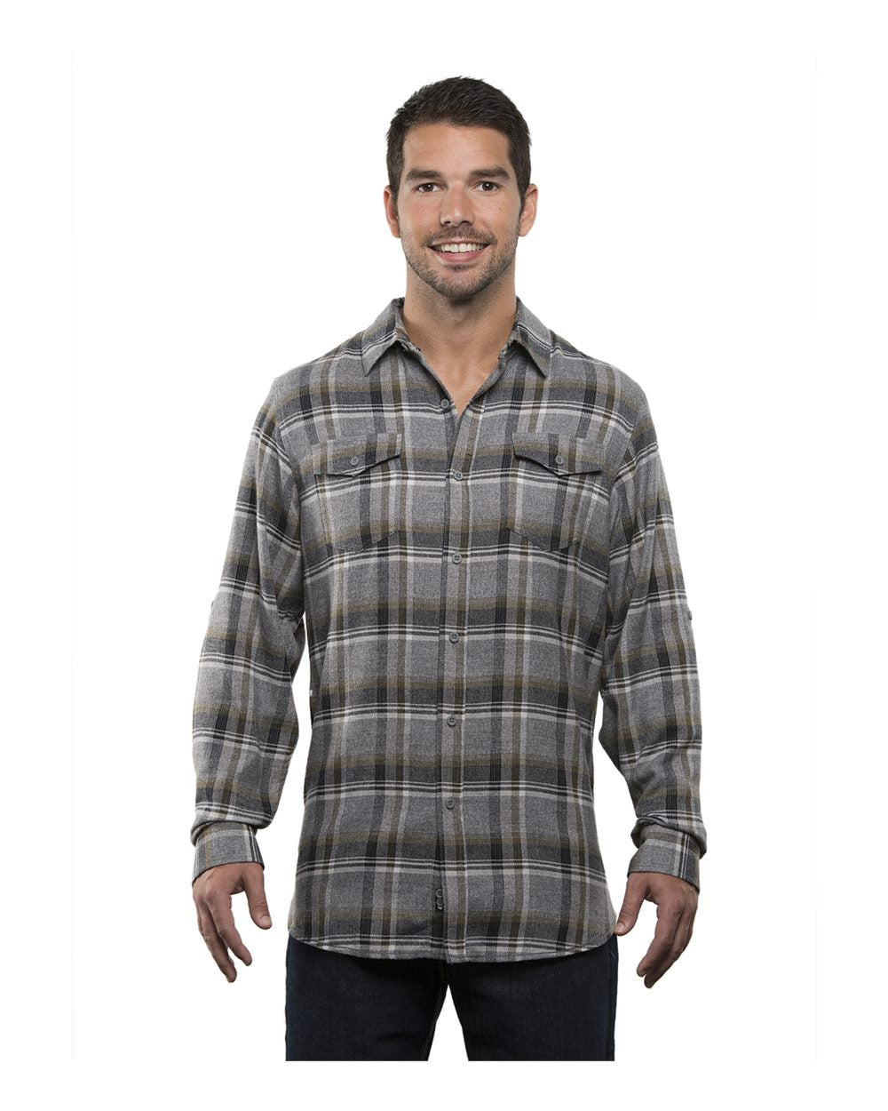 Front View of Grey Olive Yarn-Dyed Flannel Shirt - 8210