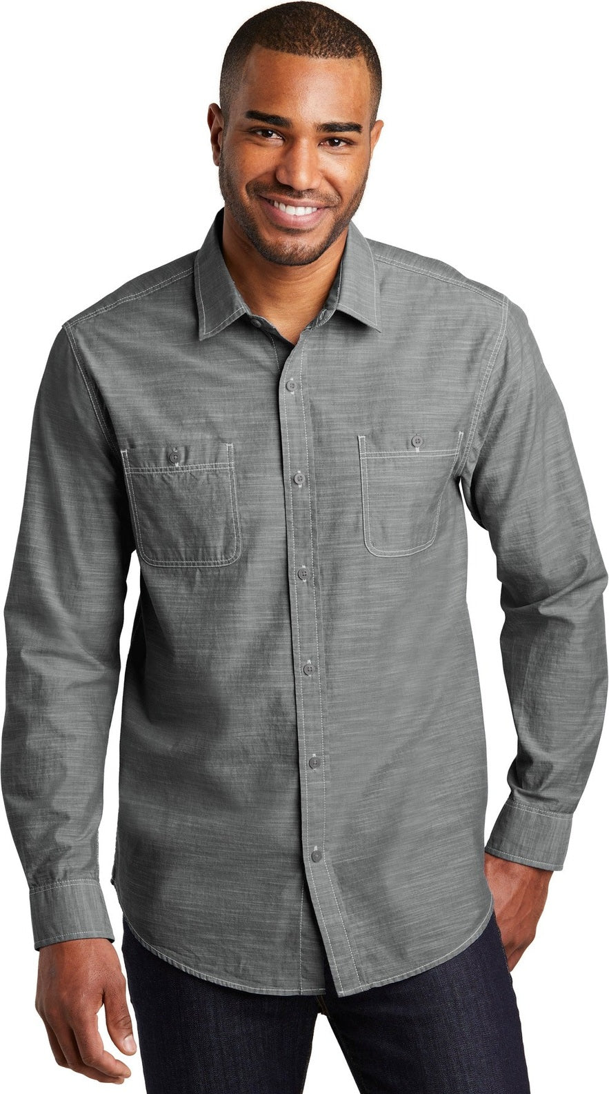Front View of Grey Port Authority Slub Chambray Shirt. W380