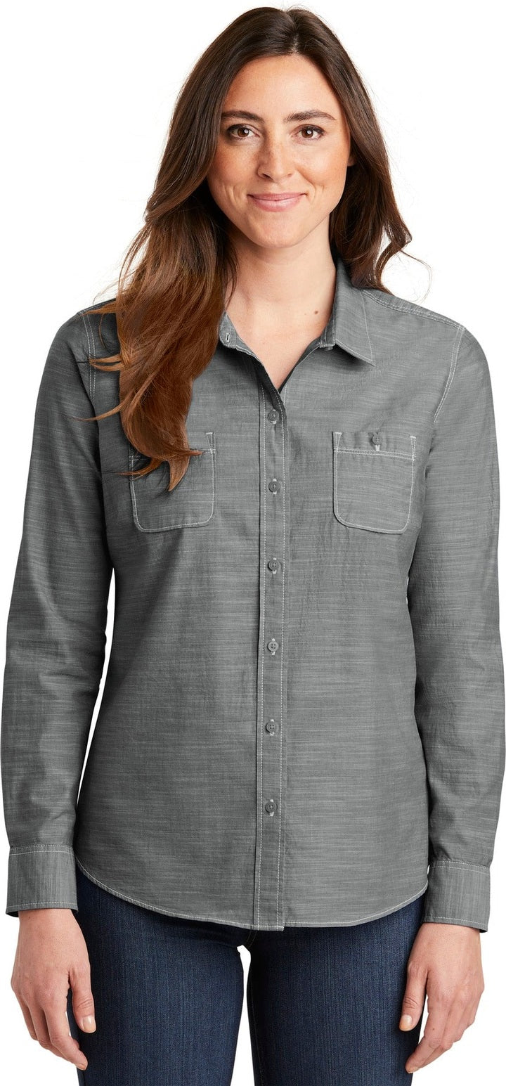 Front View of Grey Port Authority Women's Slub Chambray Shirt. LW380