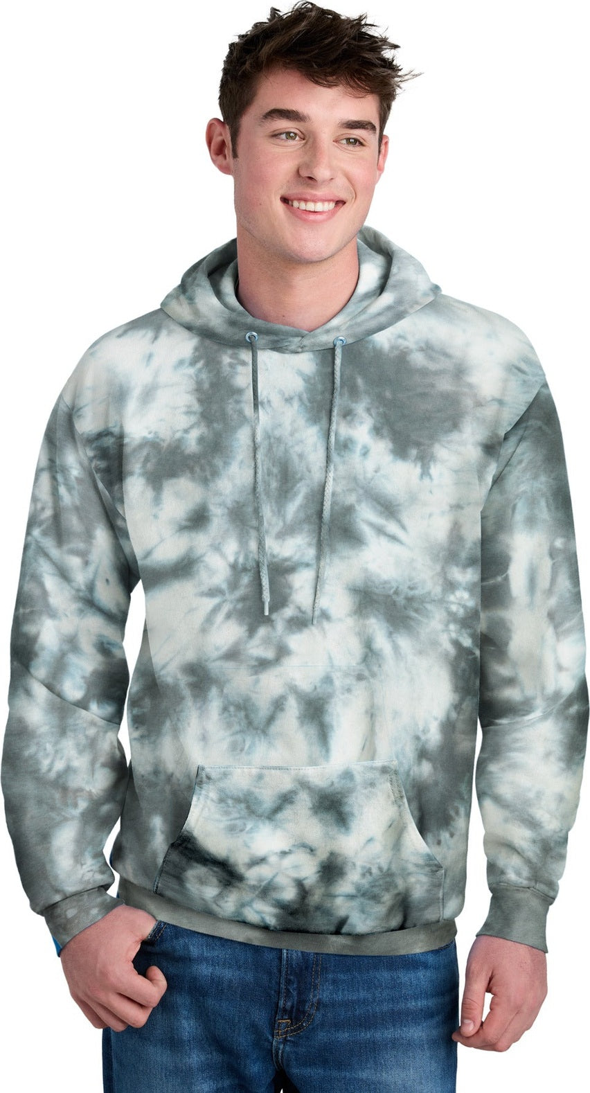 Front View of Grey Port & Co Crystal Tie-Dye Pullover Hoodie PC144