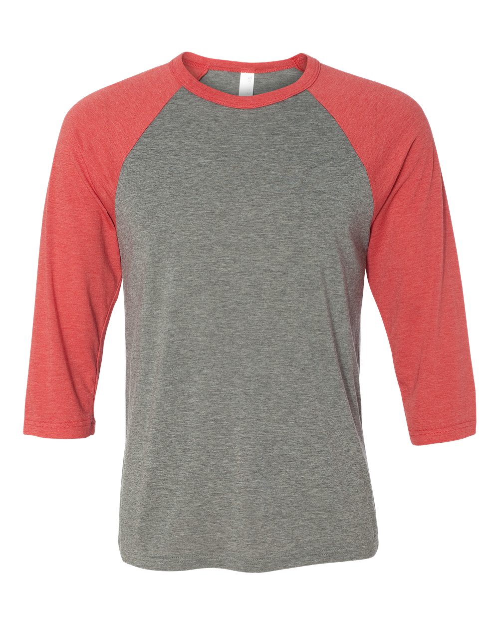 Front View of Grey/ Red Triblend Three-Quarter Sleeve Baseball Tee - 3200