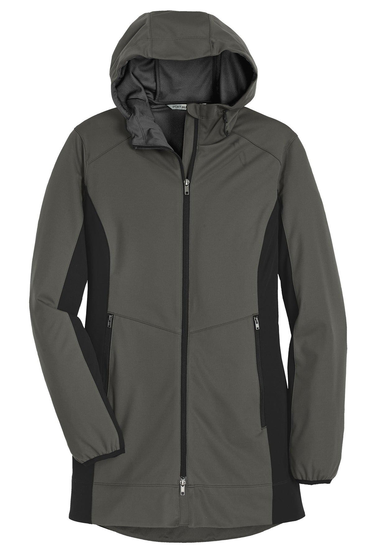 Front View of Grey Stl/Dp Bk Port Authority Women's Active Hooded Soft Shell Jacket. L719