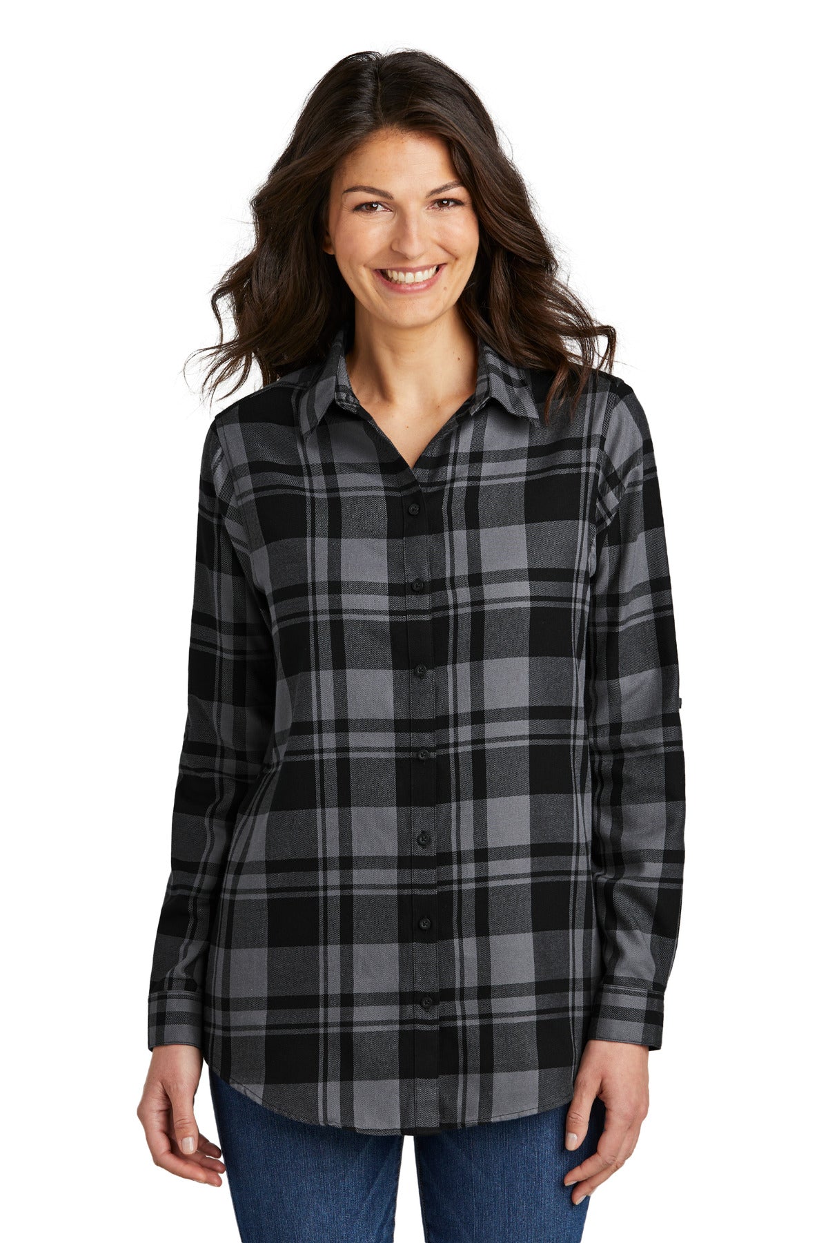 Front View of Grey/Black Port Authority Women's Plaid Flannel Tunic . LW668