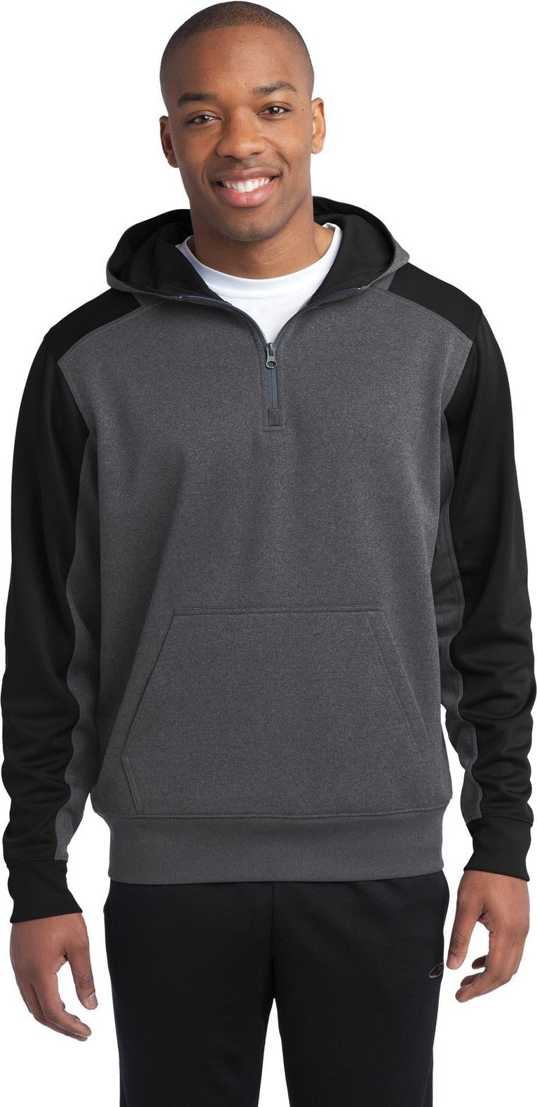 Front View of Grph Hea/Black Sport-Tek Tech Fleece Colorblock 1/4-Zip Hooded Sweatshirt. ST249