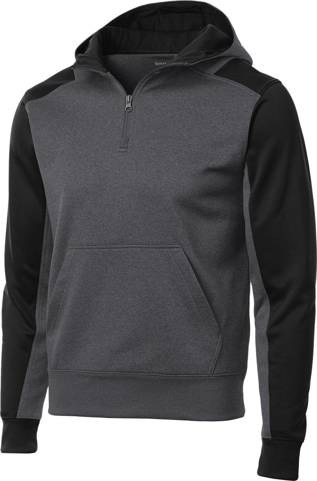 Front View of Grph Hea/Black Sport-Tek Tech Fleece Colorblock 1/4-Zip Hooded Sweatshirt. ST249