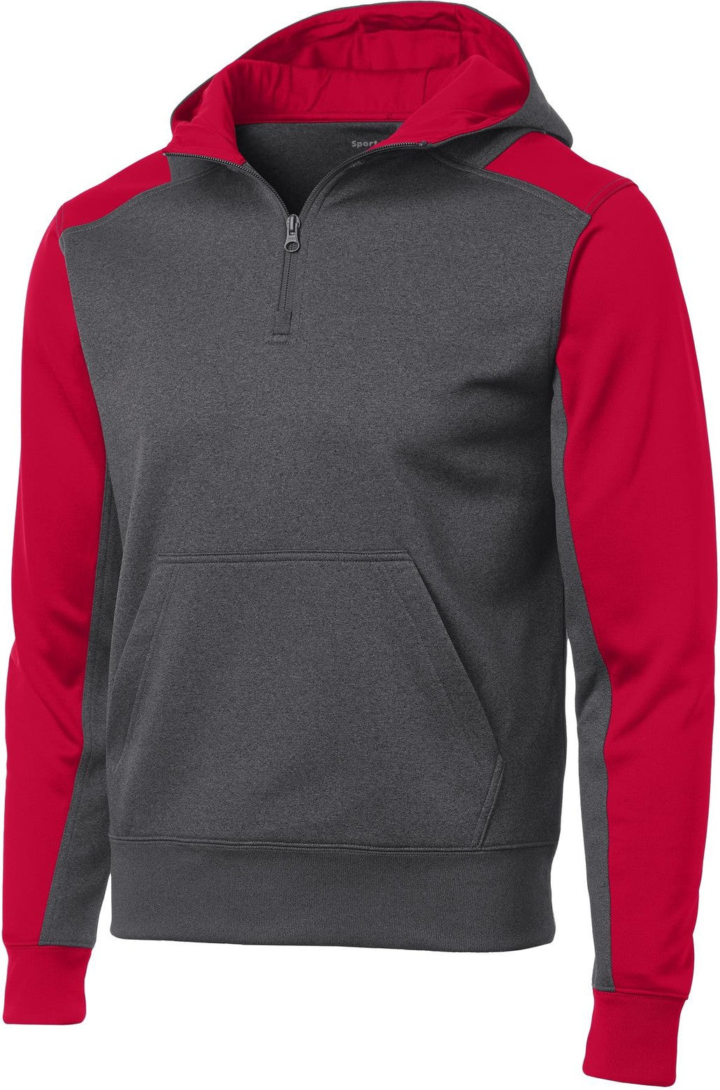 Front View of Grph Hea/TrRed Sport-Tek Tech Fleece Colorblock 1/4-Zip Hooded Sweatshirt. ST249