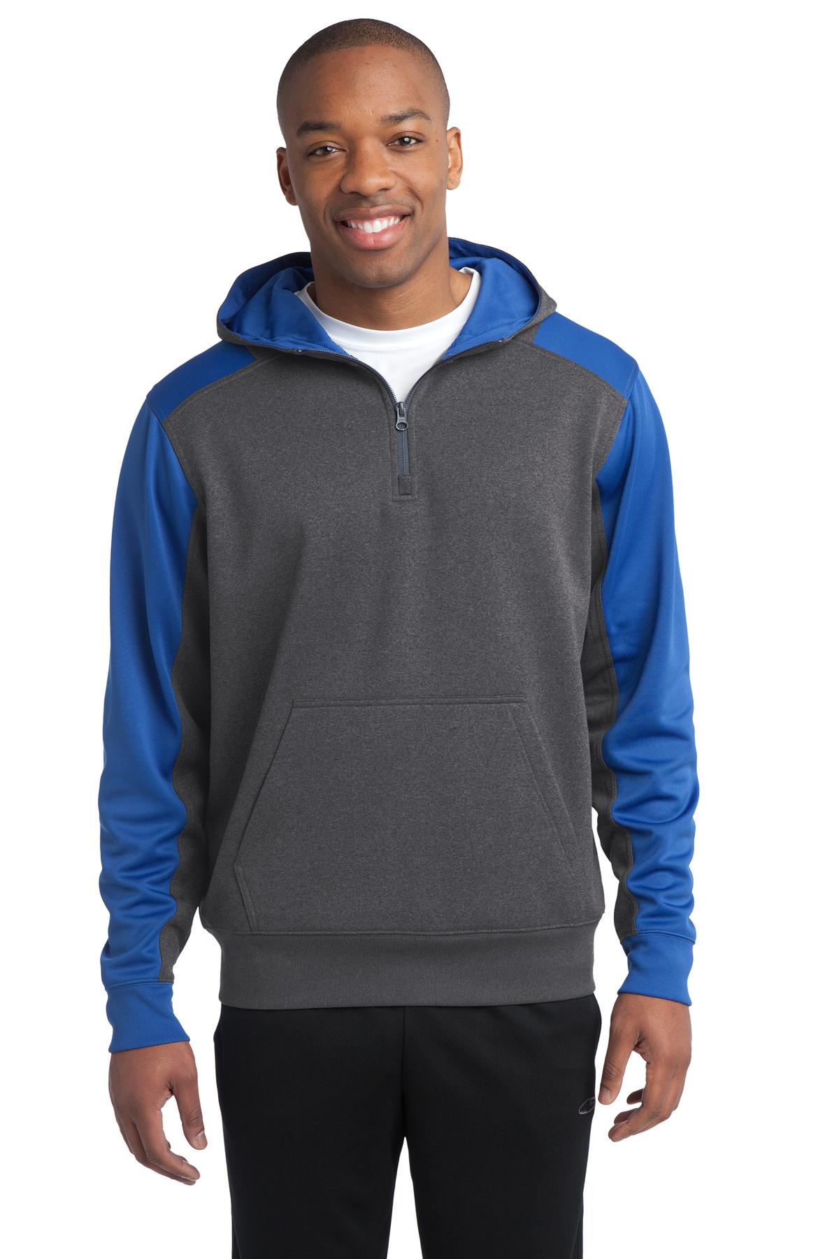 Front View of Grph Hea/TrRoy Sport-Tek Tech Fleece Colorblock 1/4-Zip Hooded Sweatshirt. ST249