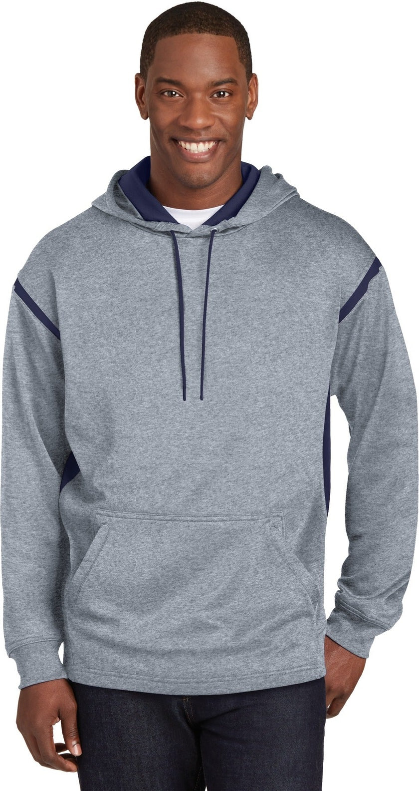 Front View of Gry Hthr/Tr Ny Sport-Tek Tech Fleece Colorblock Hooded Sweatshirt. F246