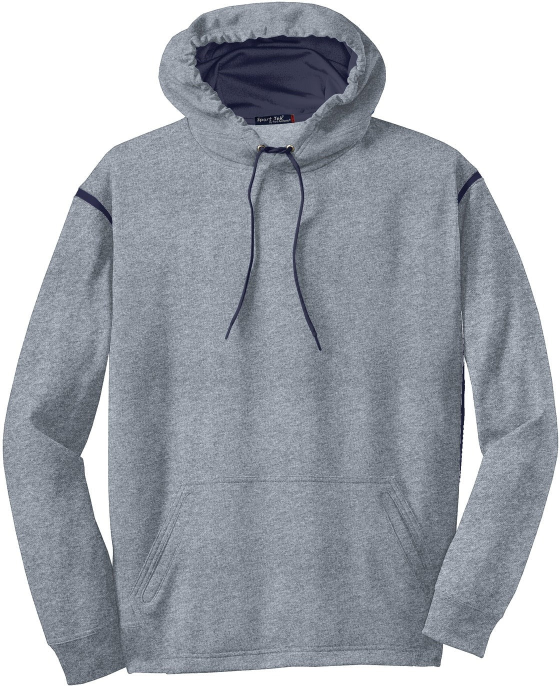 Front View of Gry Hthr/Tr Ny Sport-Tek Tech Fleece Colorblock Hooded Sweatshirt. F246