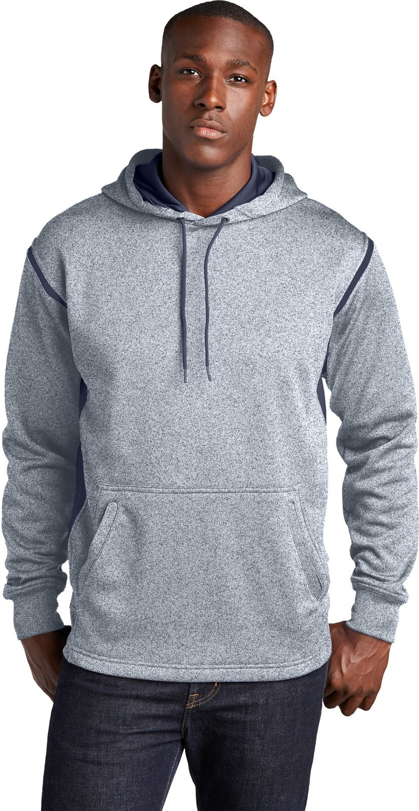 Front View of Gry Hthr/Tr Ny Sport-Tek Tech Fleece Colorblock Hooded Sweatshirt. F246
