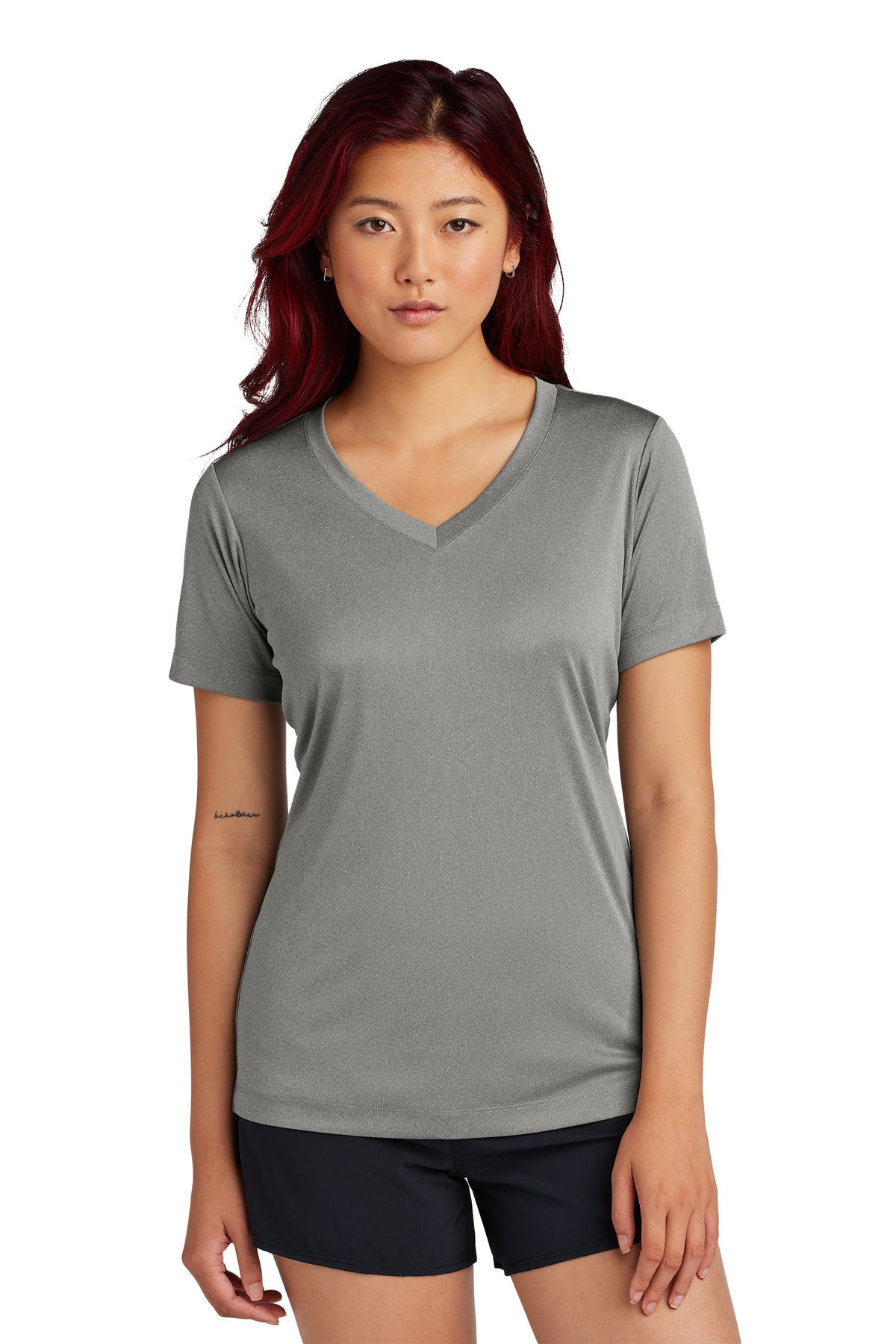 Front View of GryConHthr Sport-Tek Women's PosiCharge Competitor V-Neck Tee. LST353