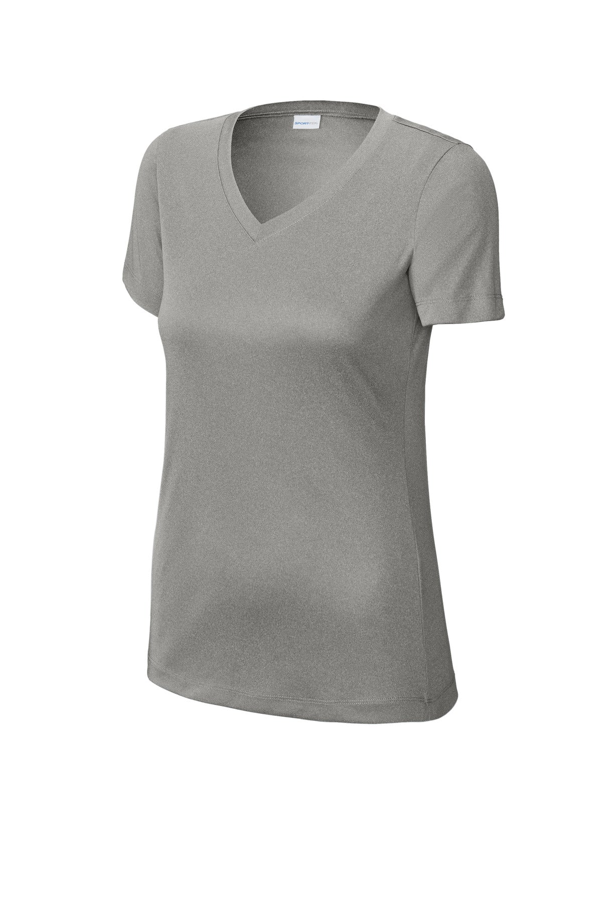 Front View of GryConHthr Sport-Tek Women's PosiCharge Competitor V-Neck Tee. LST353