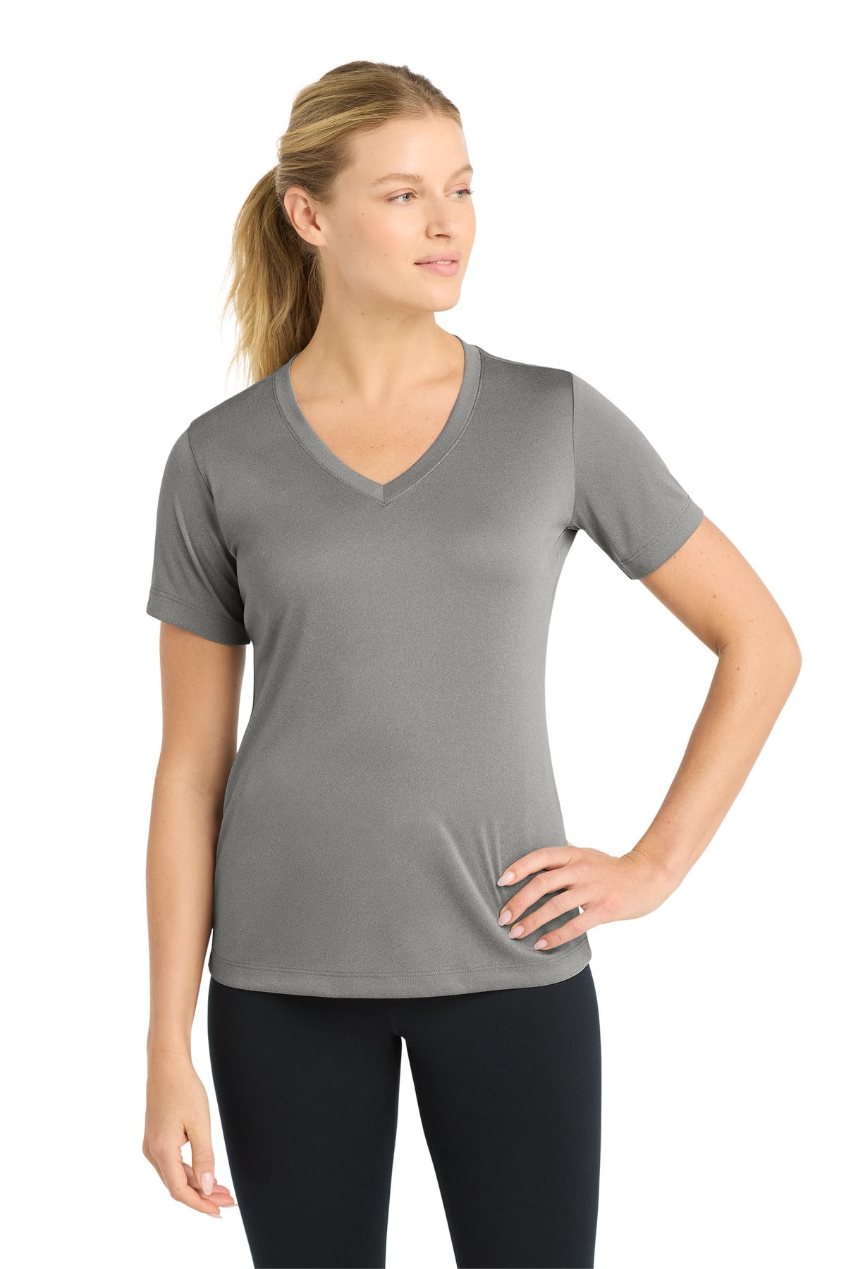 Front View of GryConHthr Sport-Tek Women's PosiCharge Competitor V-Neck Tee. LST353