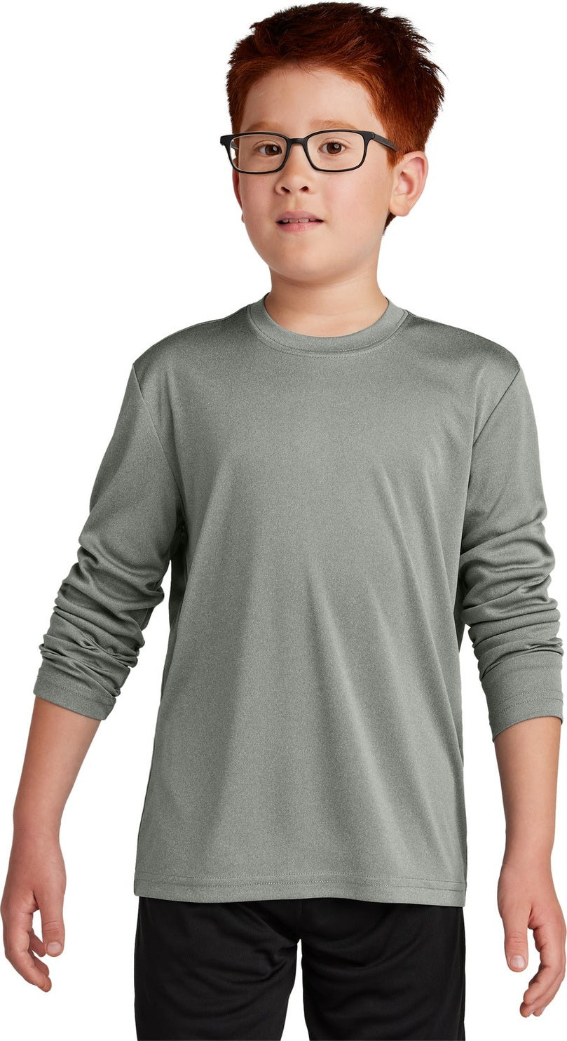 Front View of GryConHthr Sport-Tek Youth Long Sleeve PosiCharge Competitor Tee. YST350LS