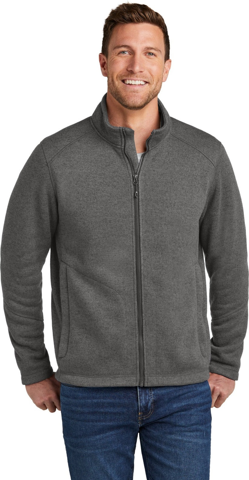 Front View of GrySmkHthr Port Authority Arc Sweater Fleece Jacket F428