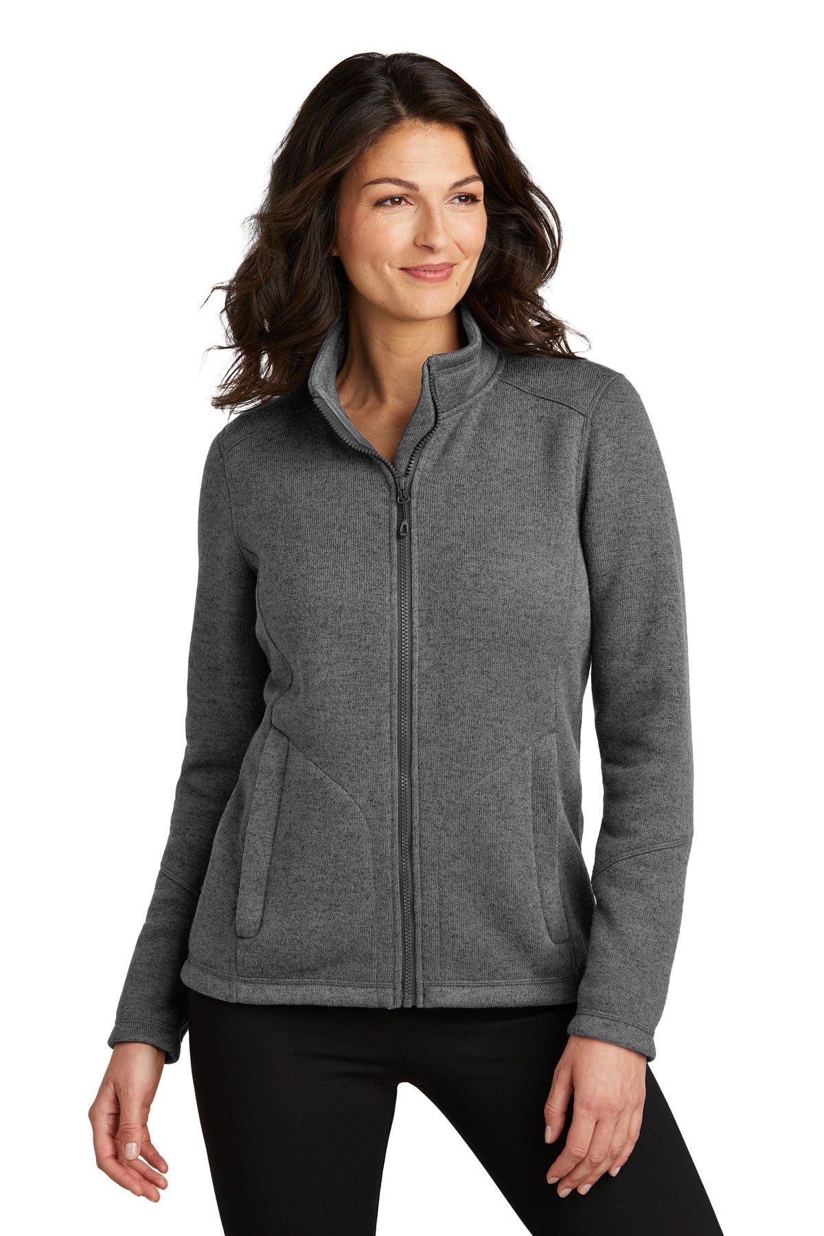 Front View of GrySmkHthr Port Authority Women's Arc Sweater Fleece Jacket L428