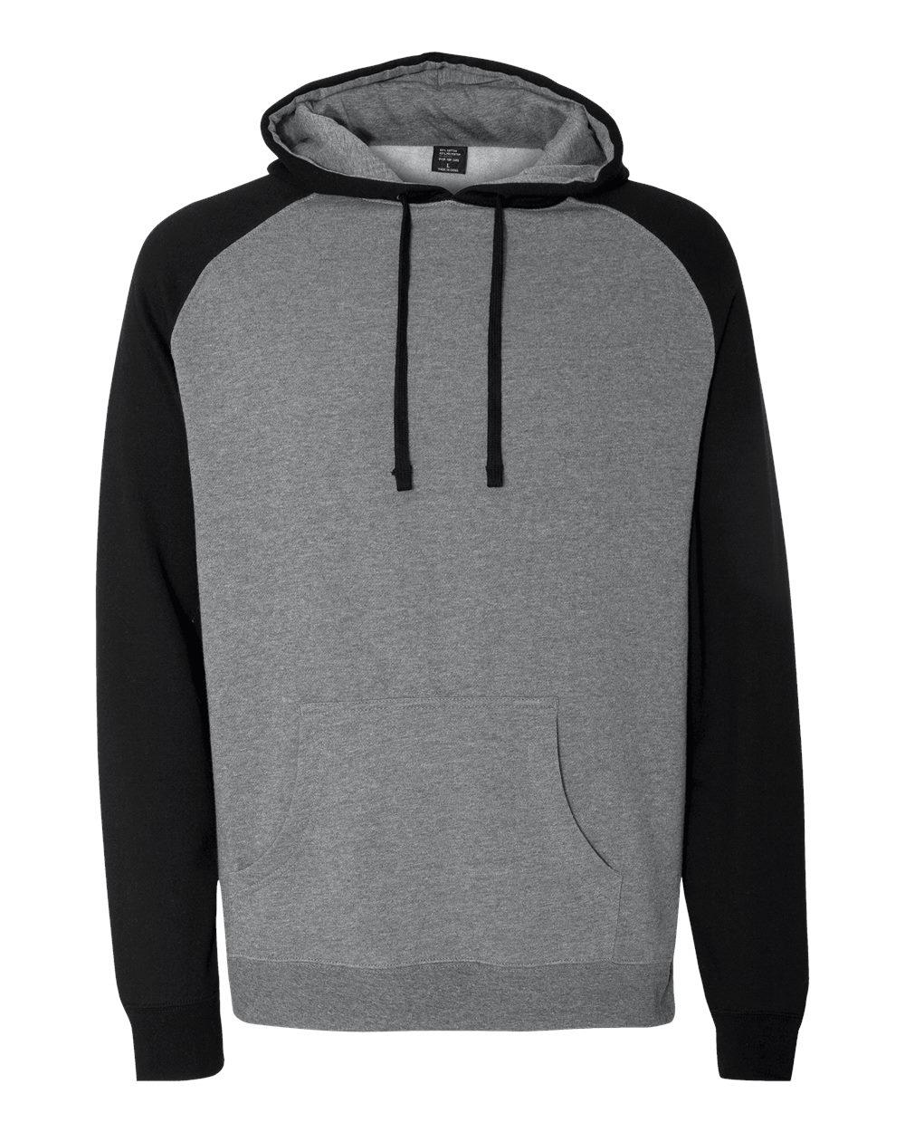 Front View of Gunmetal Heather/ Black Raglan Hooded Sweatshirt - IND40RP