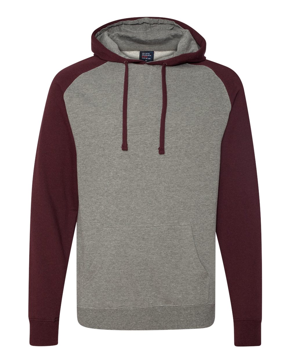 Front View of Gunmetal Heather/ Burgundy Heather Raglan Hooded Sweatshirt - IND40RP