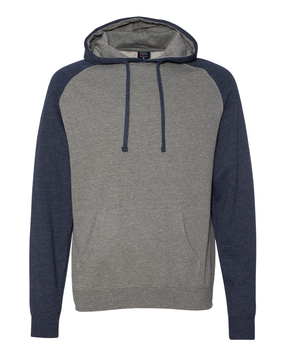 Front View of Gunmetal Heather/ Classic Navy Heather Raglan Hooded Sweatshirt - IND40RP