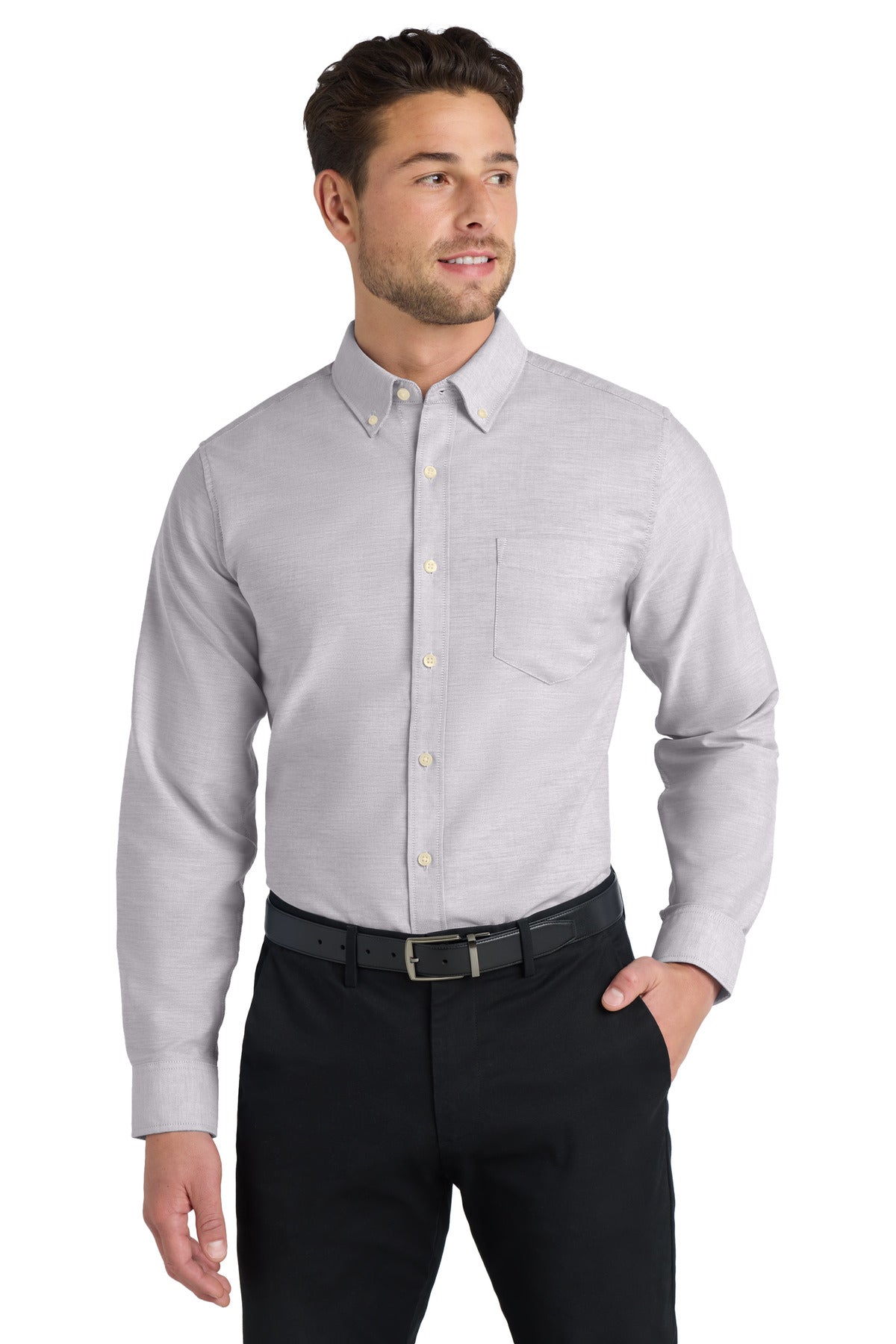 Front View of Gusty Grey Port Authority SuperPro Oxford Shirt. S658