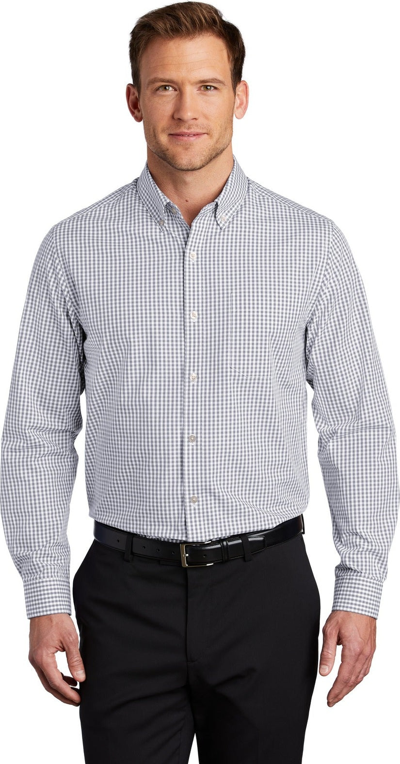 Front View of Gusty Grey/Wht Port Authority Broadcloth Gingham Easy Care Shirt W644
