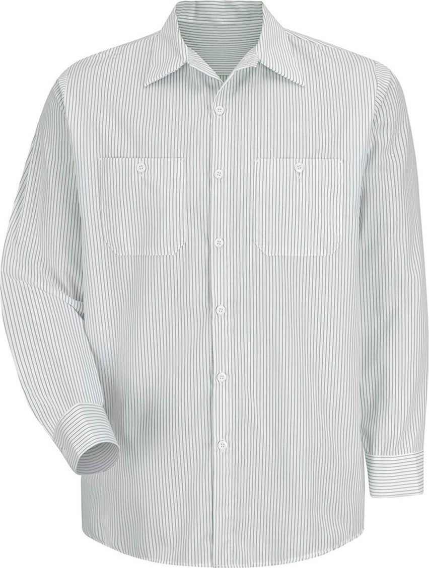 Front View of GW-White/ Green Stripe Premium Long Sleeve Work Shirt - SP10