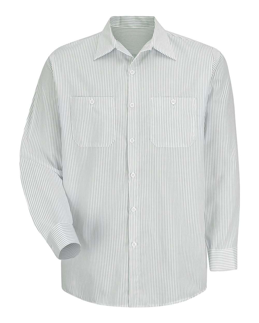 Front View of GW-White/ Green Stripe Premium Long Sleeve Work Shirt - Tall Sizes - SP10T