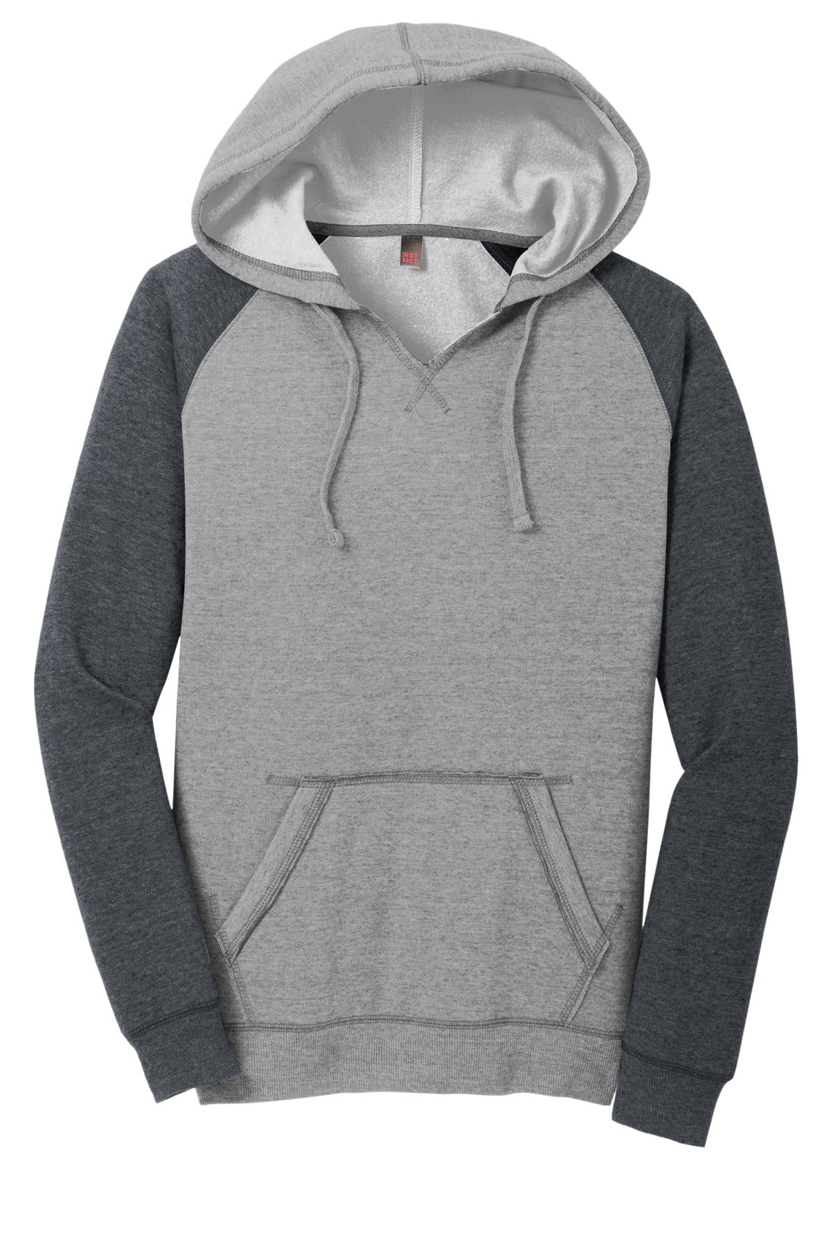 Front View of H Grey/H Char District Women's Lightweight Fleece Raglan Hoodie. DT296